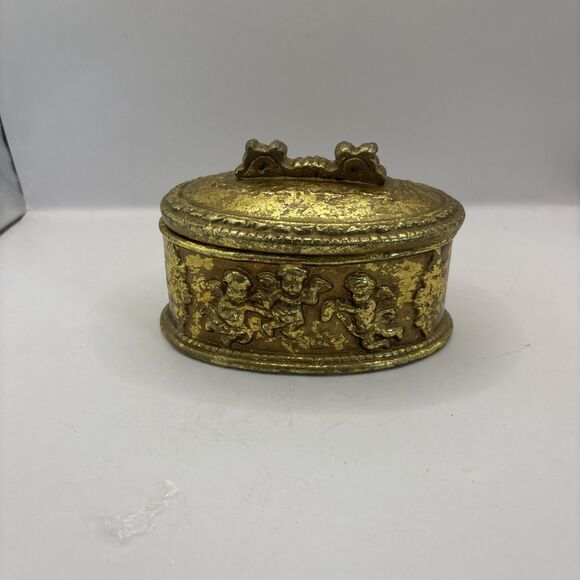 Pacific Rim Import Corp Distressed Gold Tone Trinket Box Cherubs - Picture 3 of 8